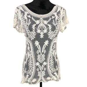 Dulce Cream Embroidered Mesh Cottagecore Fairy Lace Scoop Neck Top Sz S